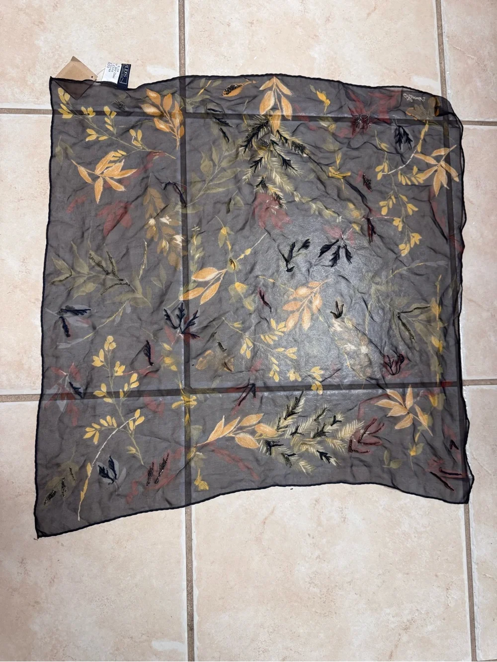 Harold's Vintage Silk Black Scarf with Mustard and Olive Leaf Print